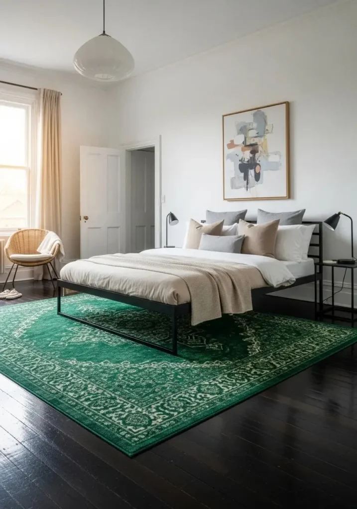 Green statement rug on dark flooring adds warmth and visual interest to a bedroom.