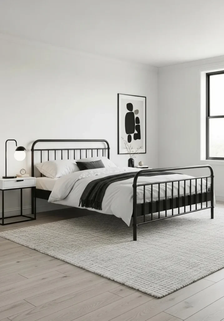 edroom featuring bold black bed frame centerpiece.