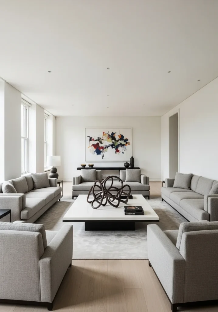 statement coffee table anchoring long living room