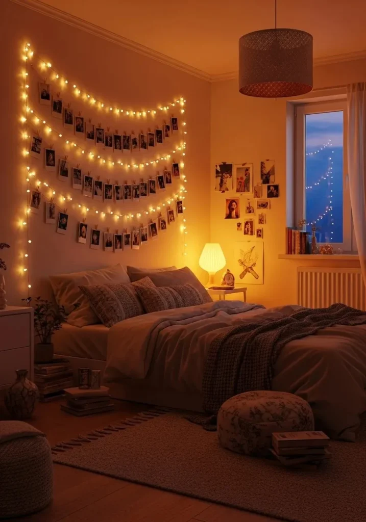 Bedroom wall photo display with fairy lights and hanging pictures