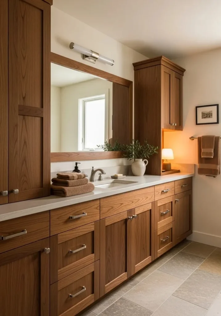 Natural wood bathroom cabinets with stone countertop and warm lighting