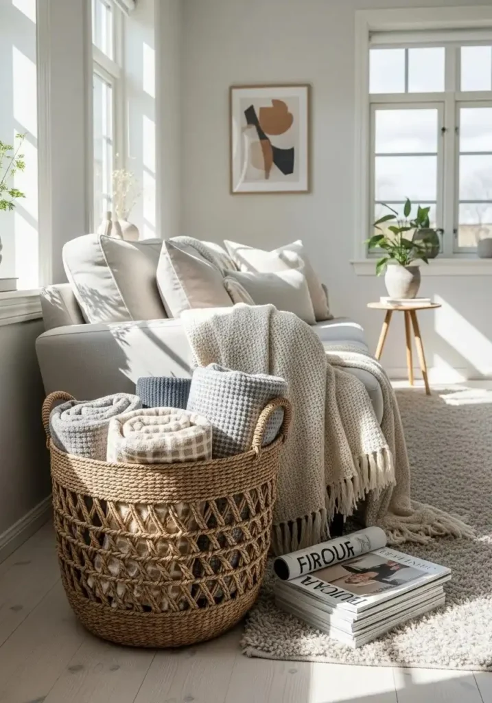 Woven basket with throws and magazines in a cozy cottage living room.
