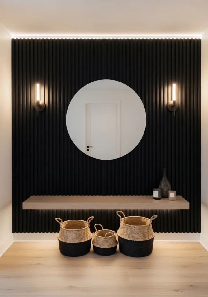 Black slatted wall in entryway.