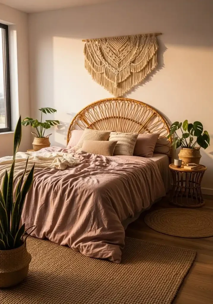 Rattan headboard with soft pink bedding in boho bedroom