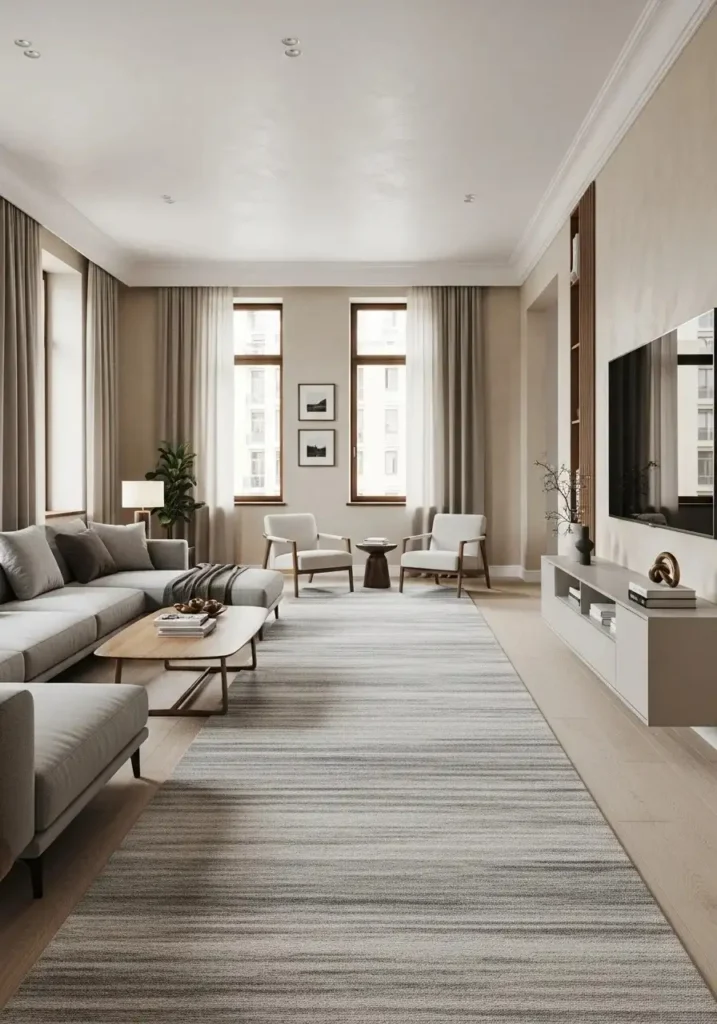 long runner rug in narrow living room layout