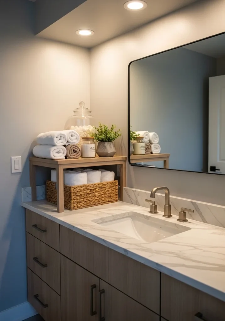 Bathroom vanity with open top shelving for decorative storage and closed lower cabinets