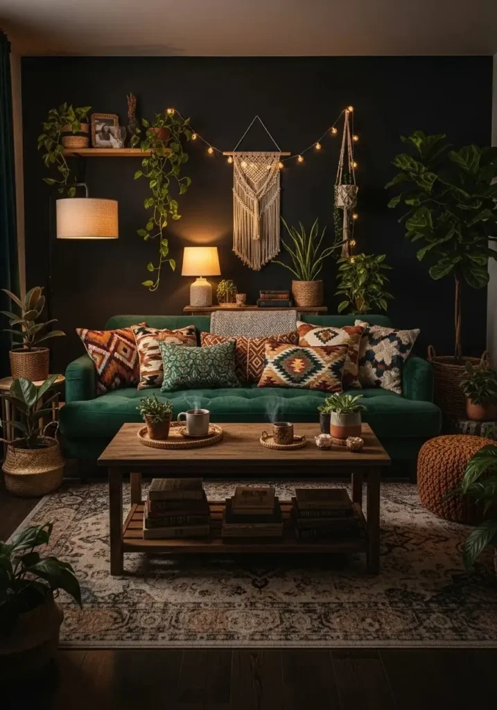 emerald velvet sofa in boho living room