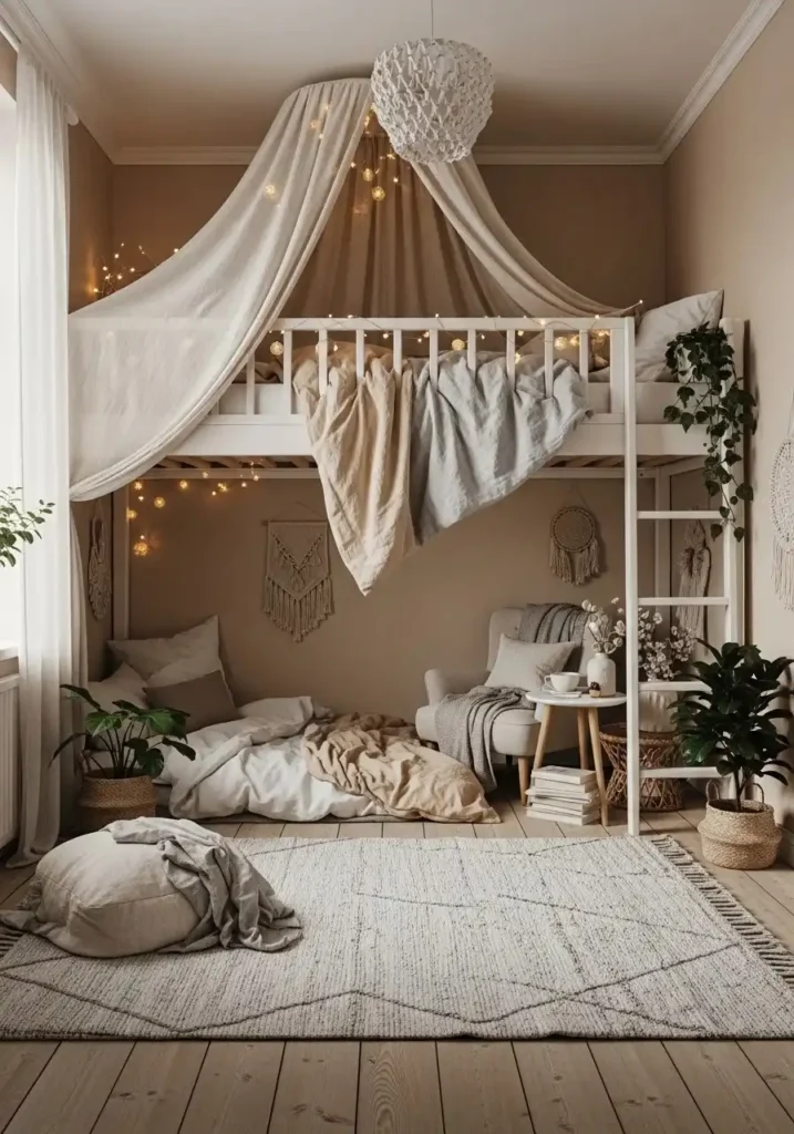 Loft bed with a hanging canopy and fairy lights, creating a private and cozy sleeping nook.
