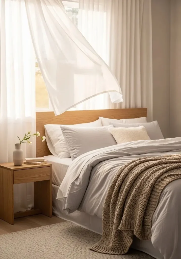 White sheer curtains softly illuminating bedroom.