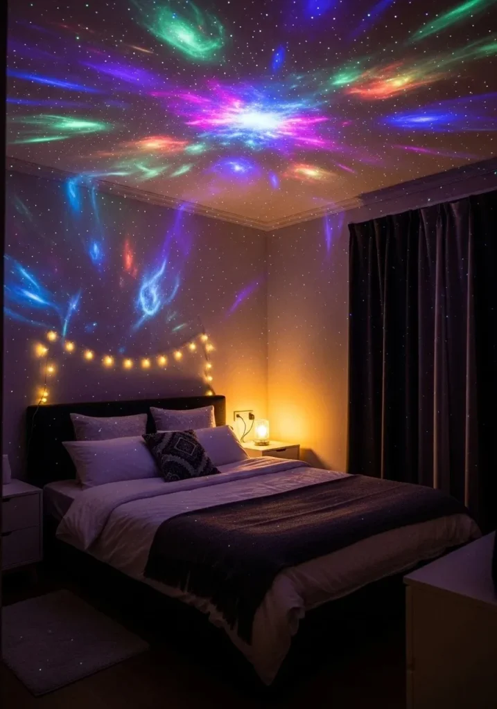 Bedroom with star projector night light creating colorful galaxy effects.