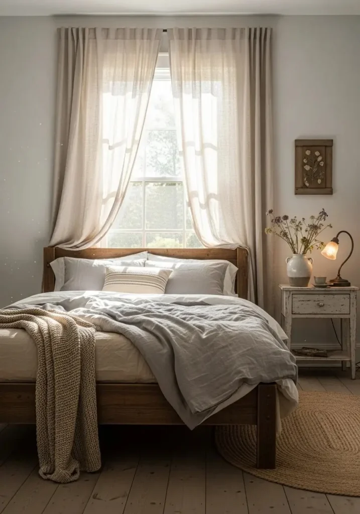 rustic bedroom with linen curtains