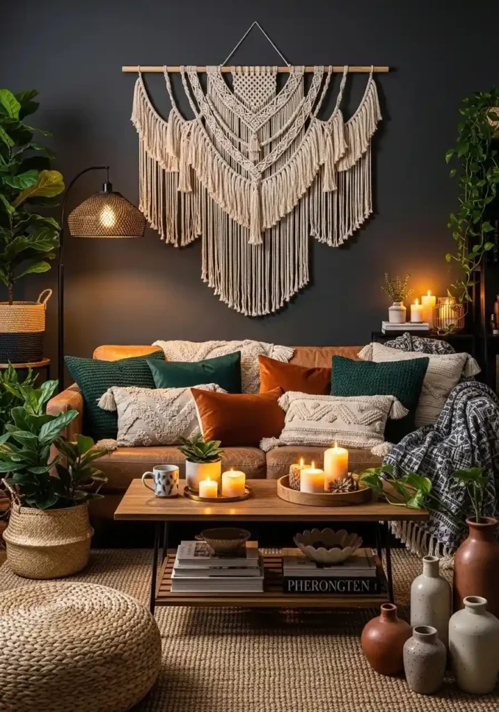 macrame wall decor in boho living room