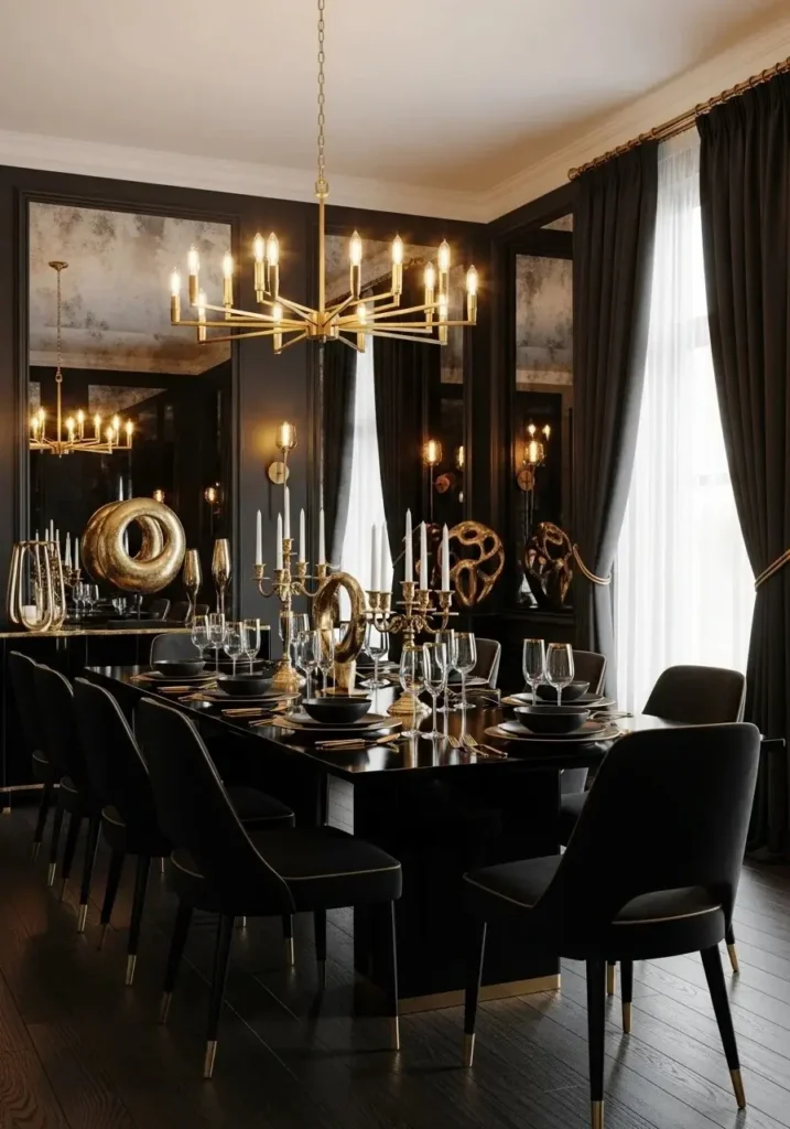 black and gold dining room