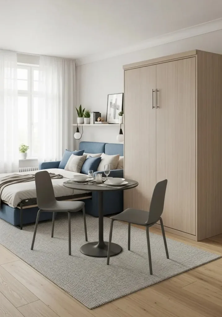 Murphy bed in a studio apartment, creating flexible living and sleeping space.