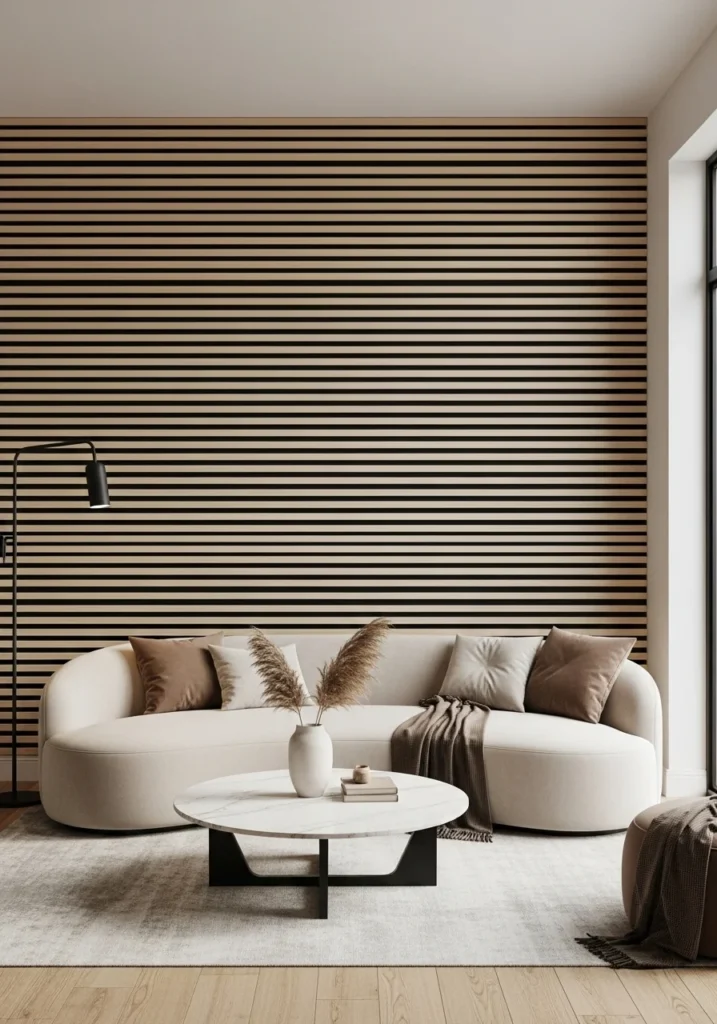 Horizontal wood slats on black wall.