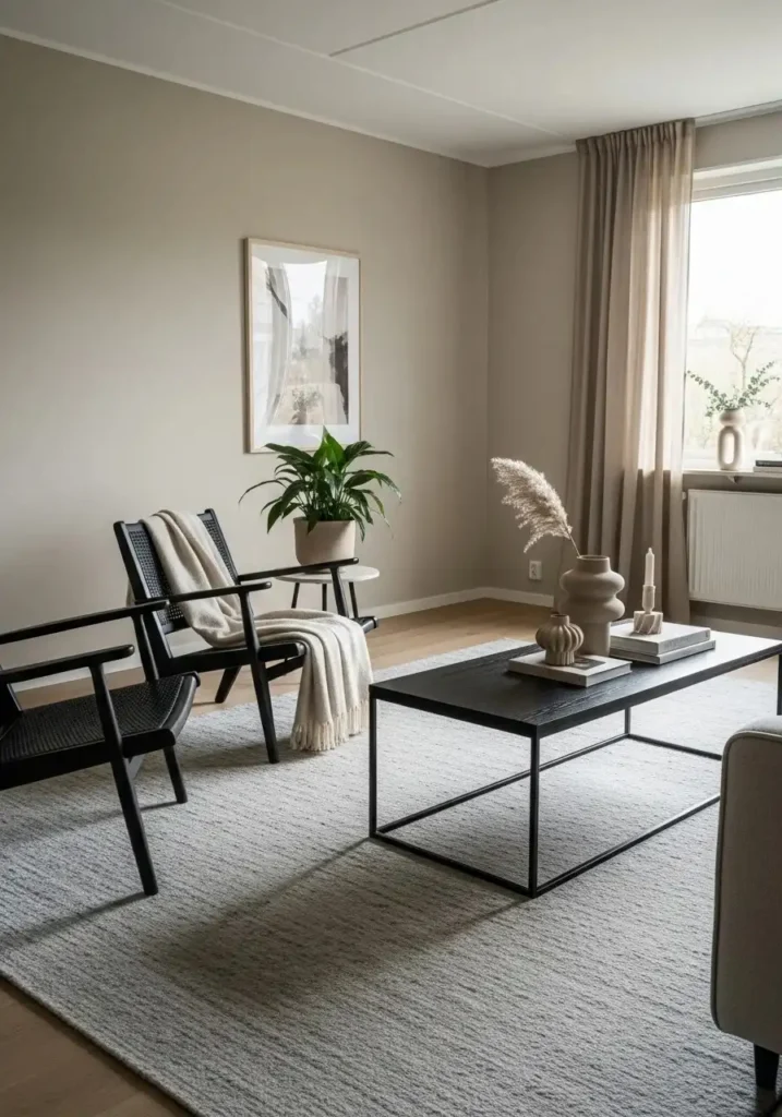 beige living room with black statement furniture for a balanced modern look
