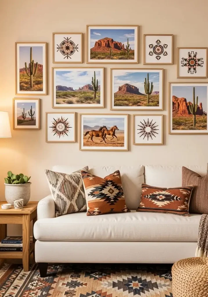 Western-inspired wall art in a rustic living room.
