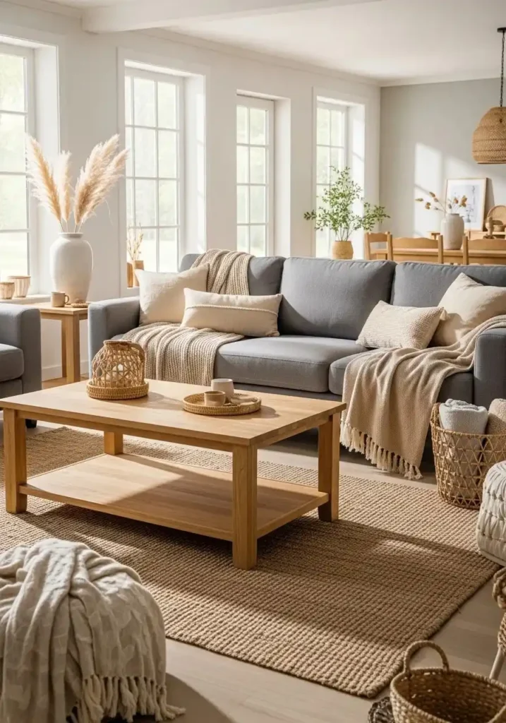 Gray and beige living room with warm wood furniture accents