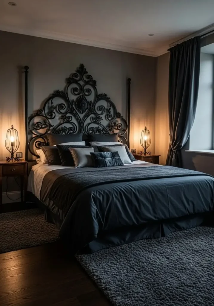 Gothic headboard with intricate designs in a dark, whimsical bedroom.