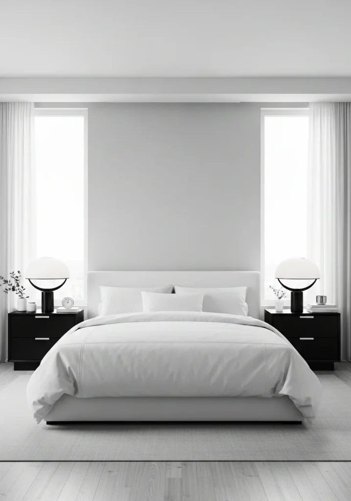White bedroom with contrasting black nightstands