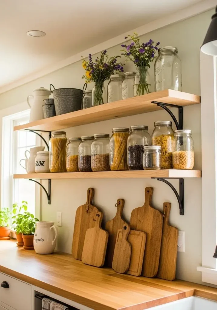 floating shelves with metal brackets kitchen
