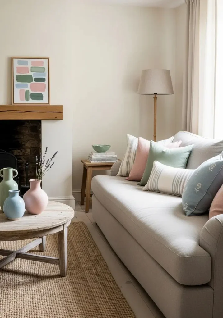 Cottage living room with soft pastel accents on cushions and decor items.