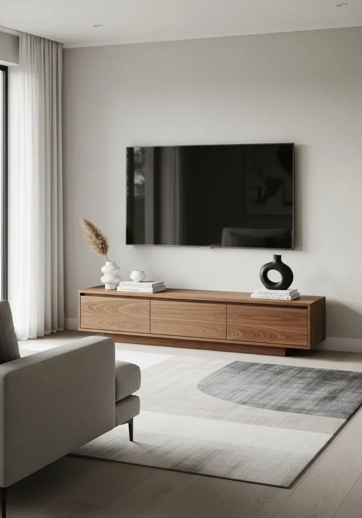 Clean-lined media console with minimalist decor in living room.