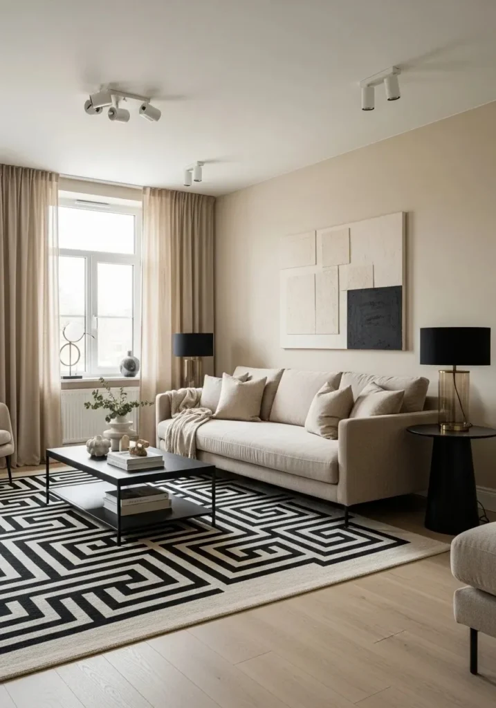 black and beige patterned rug living room decor inspiration