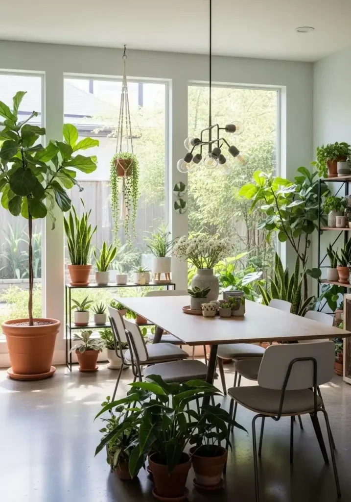 dining room decorated with indoor plants and greenery