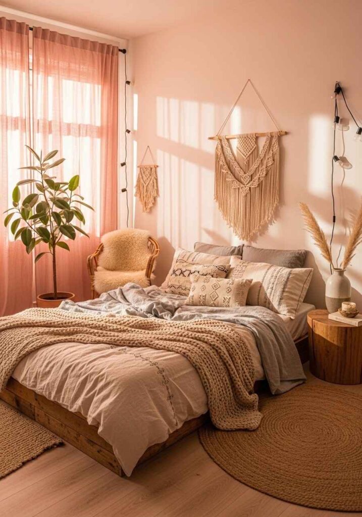 Soft pink linen curtains in a boho bedroom