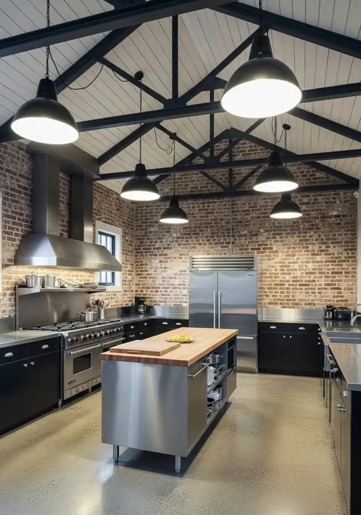 industrial vaulted ceiling kitchen design