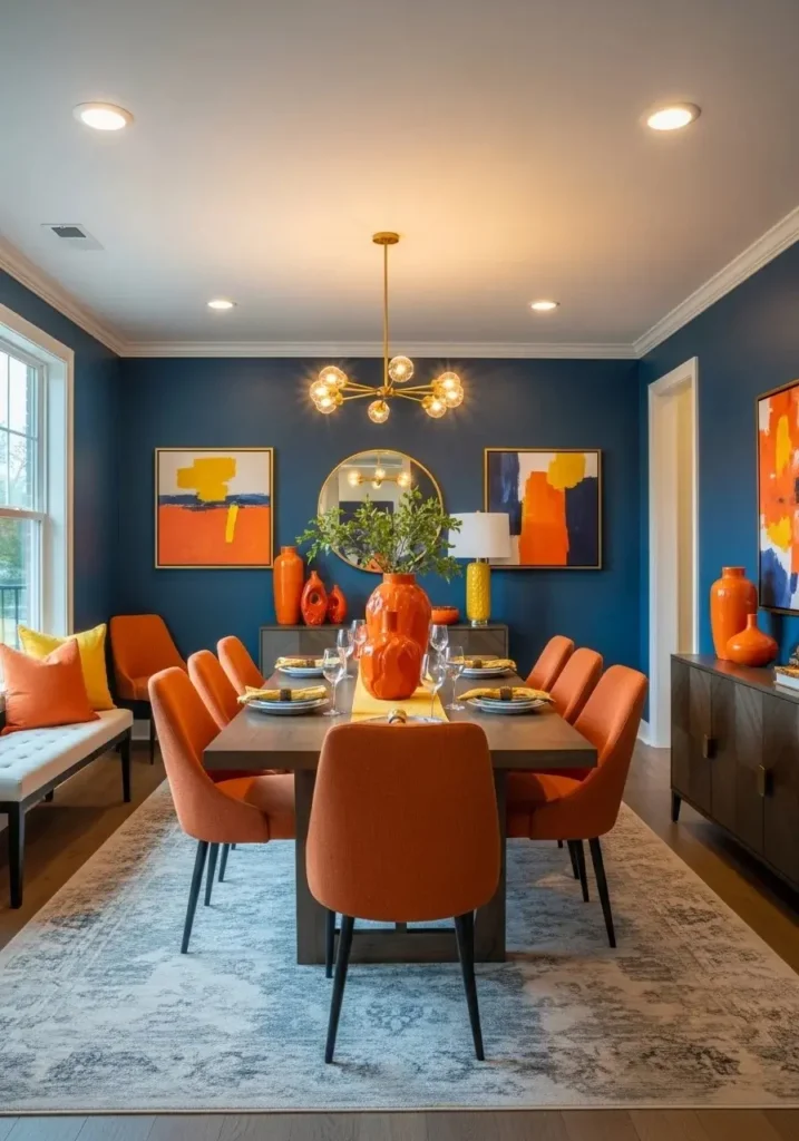 Cerulean dining room with orange and mustard accents, adding energy and seasonal visual interest
