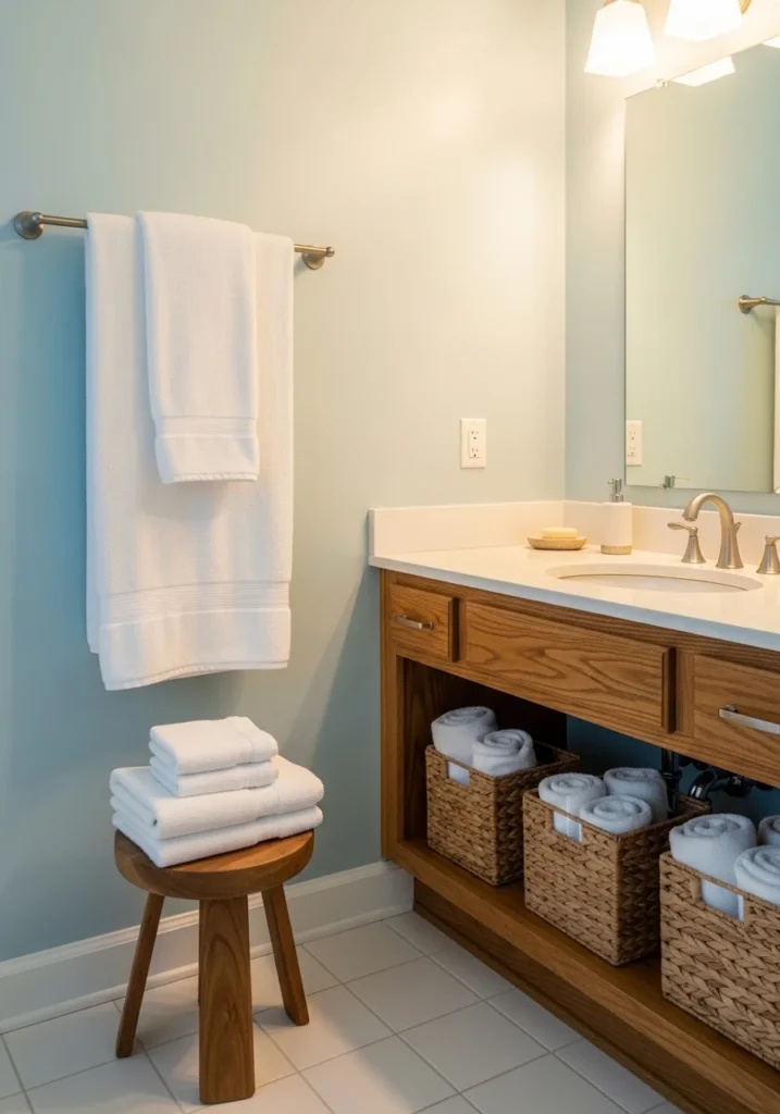 Light blue bathroom with natural wood vanity and decor.