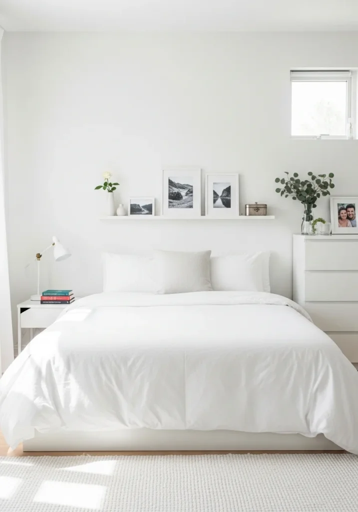 Personalized decor in white bedroom for warmth.