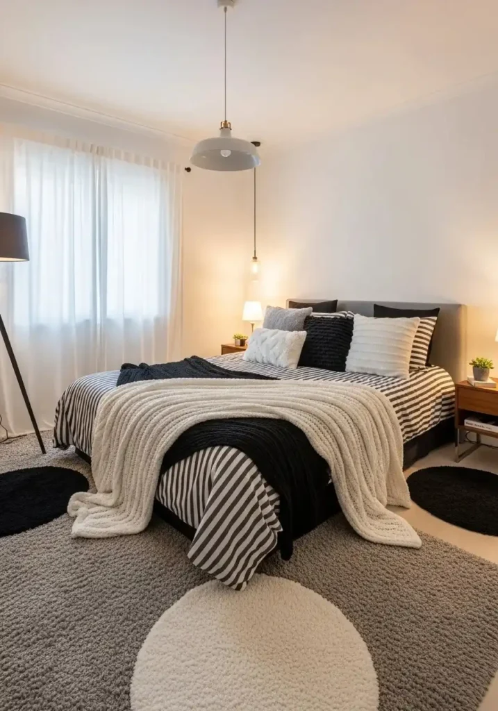 Cozy black and white bedroom with soft textures.