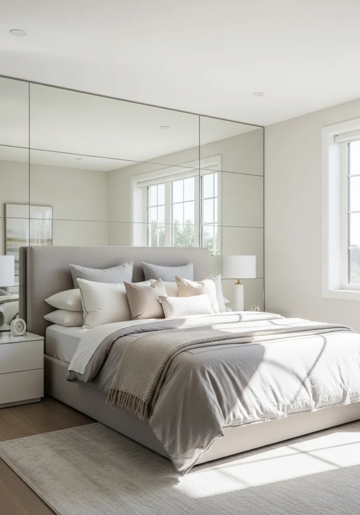 Mirror accent wall making a bedroom feel brighter and spacious.