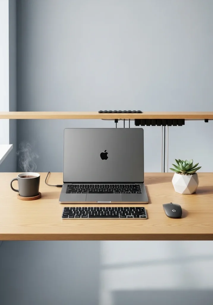 Organized home office with hidden cables and clean desk setup, keeping workspace tidy and functional.