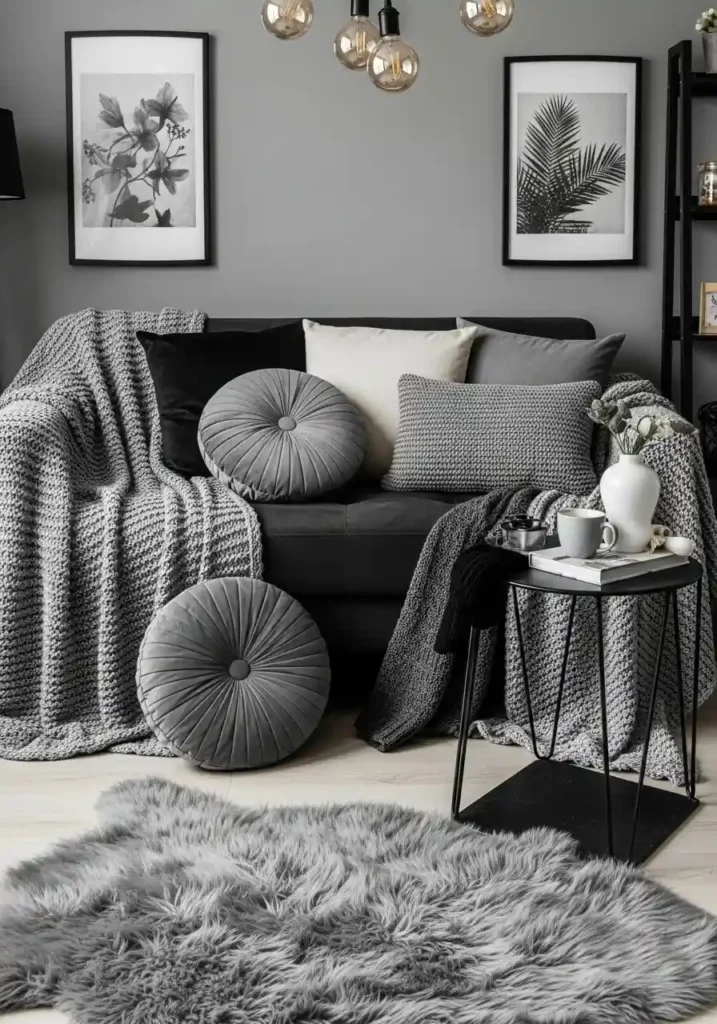 Textured fabrics adding warmth to a gray and black living room.