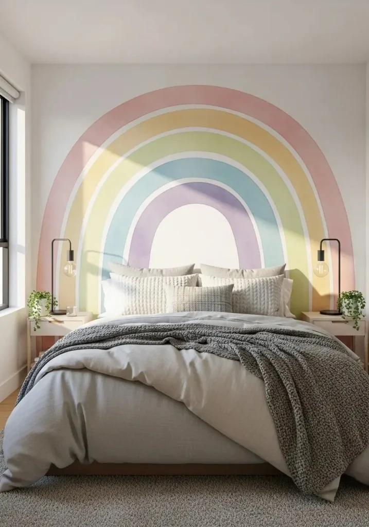 rainbow accent wall bedroom idea