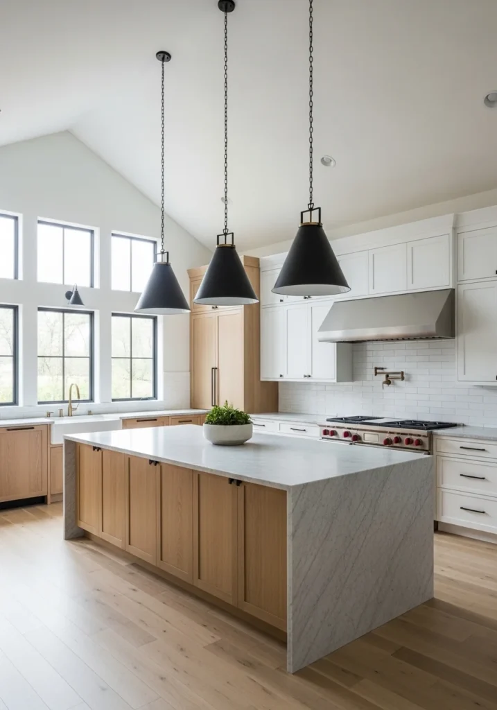 vaulted ceiling kitchen with statement pendant lights