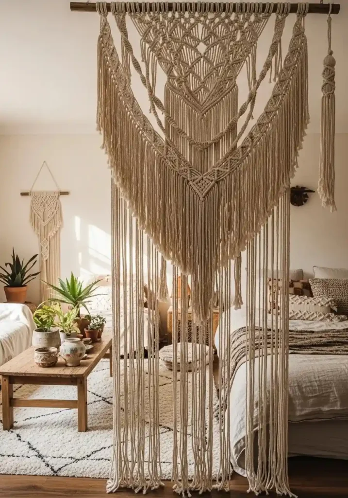 Macramé textile divider in cozy space