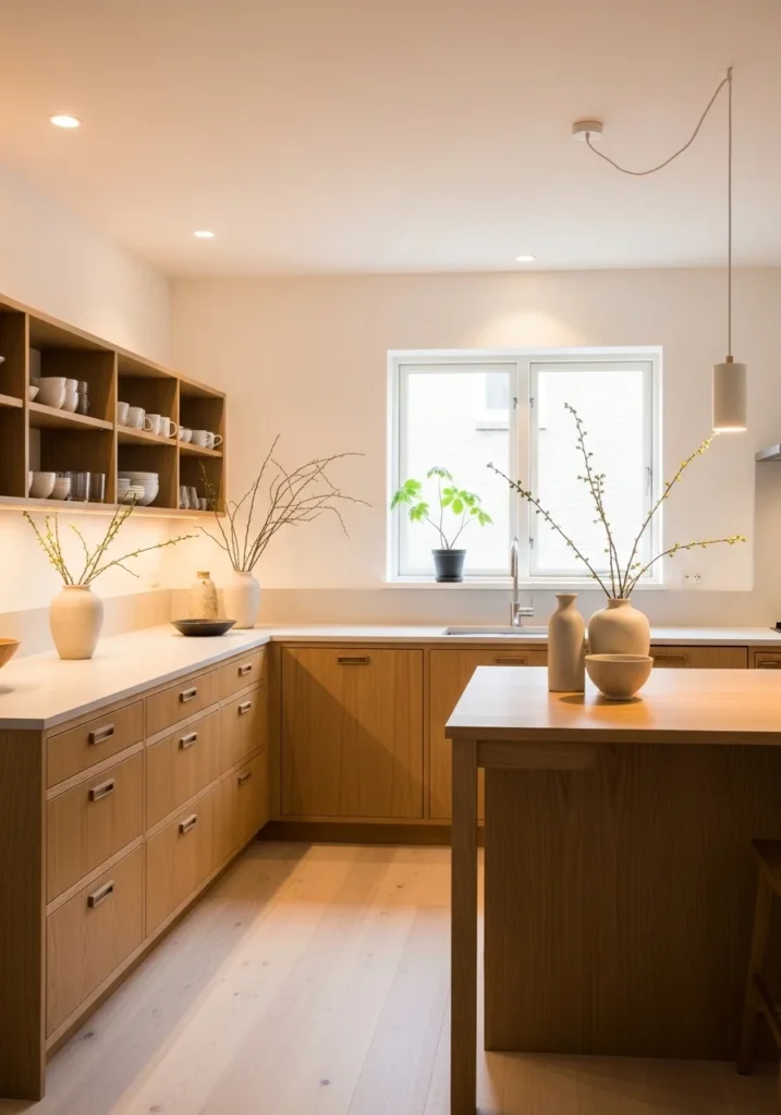 Japandi kitchen with natural wood cabinets and warm tones