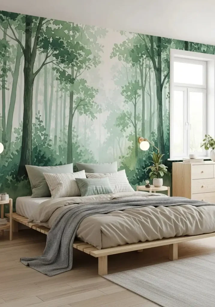 Bedroom with nature-inspired forest wallpaper accent wall