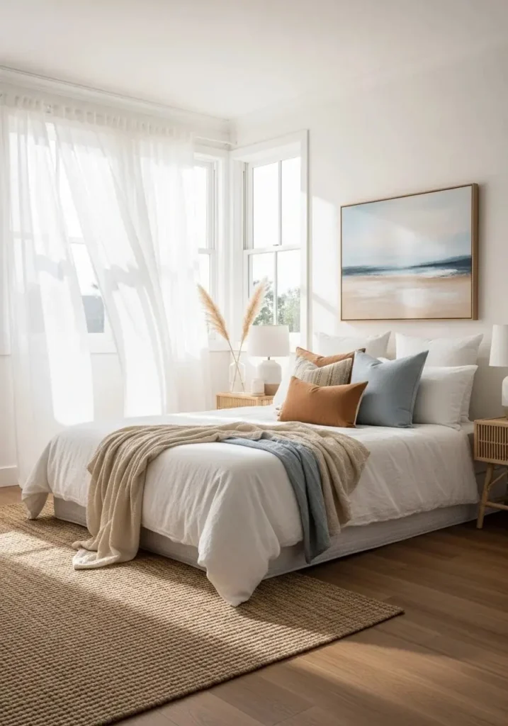 Coastal bedroom with sheer flowing curtains and natural light