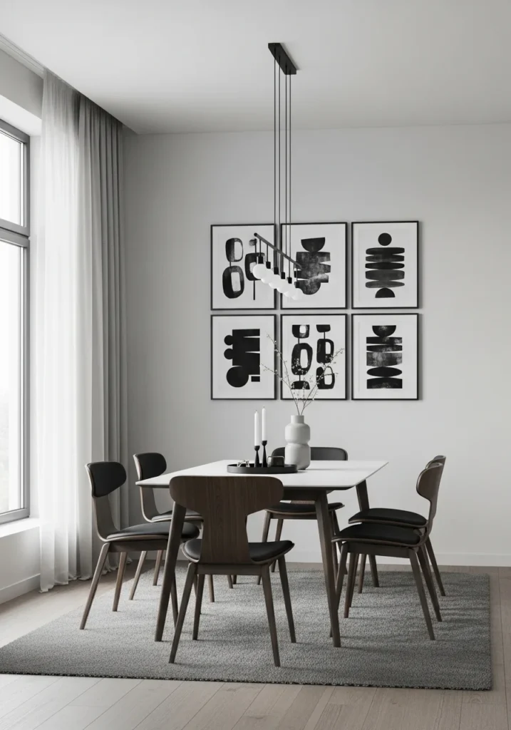 Modern dining room with minimal wall art and clean decor