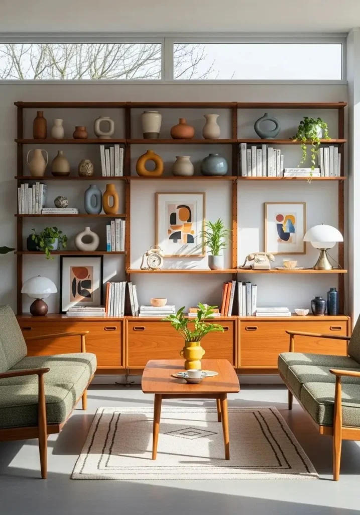 mid century modern living room open shelves decor