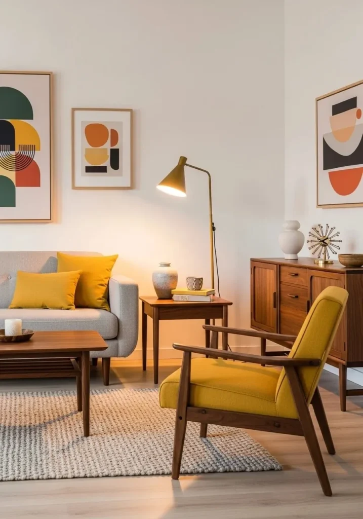 mid century modern living room neutral wall design