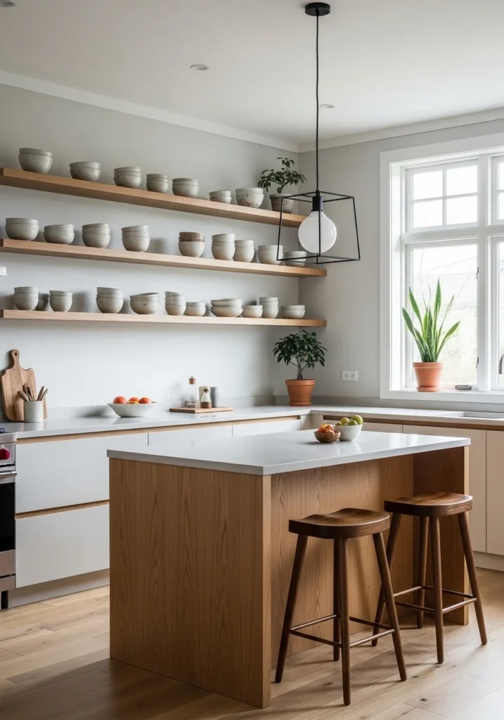 Japandi kitchen with minimal open shelving and simple decor