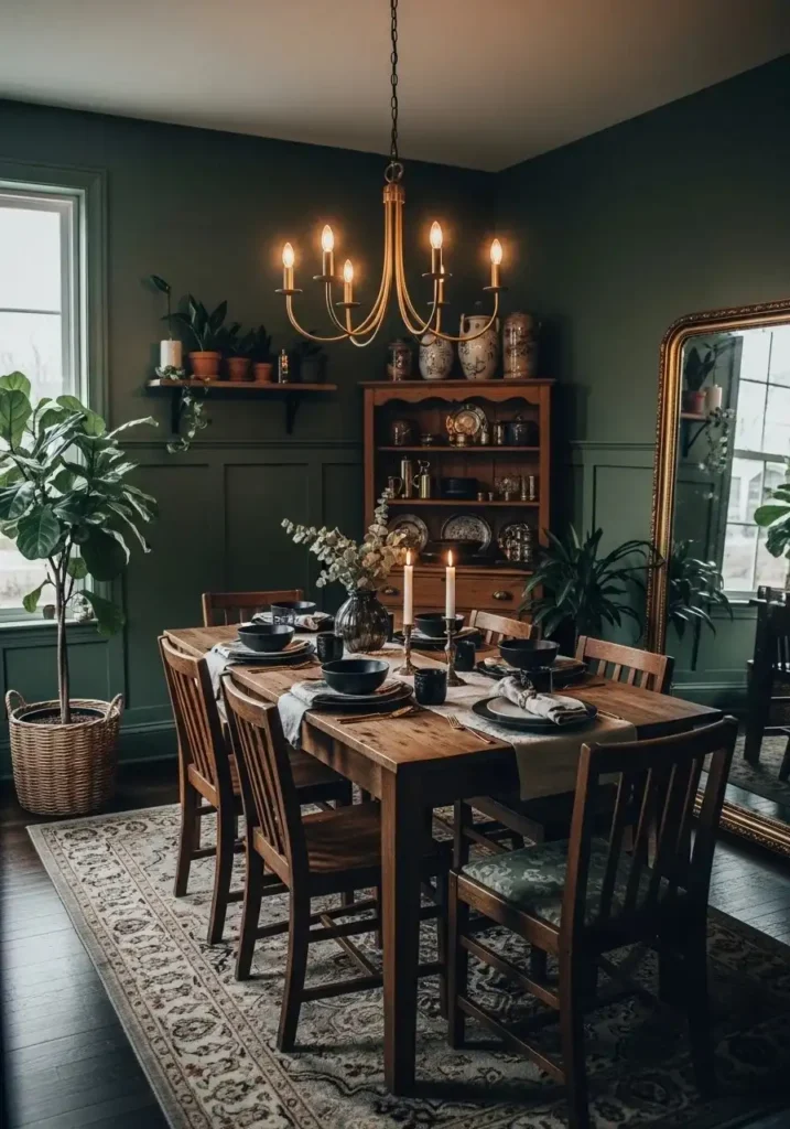 moody green dining room