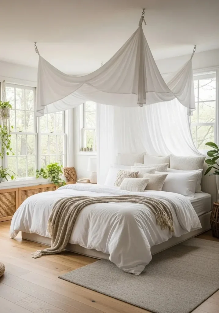 White canopy over bed creating dreamy feel.